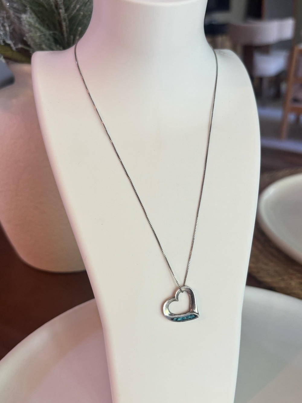 MWS 925 Sterling Silver Italy Open Heart Pendant Necklace 16” Turquoise Inlay